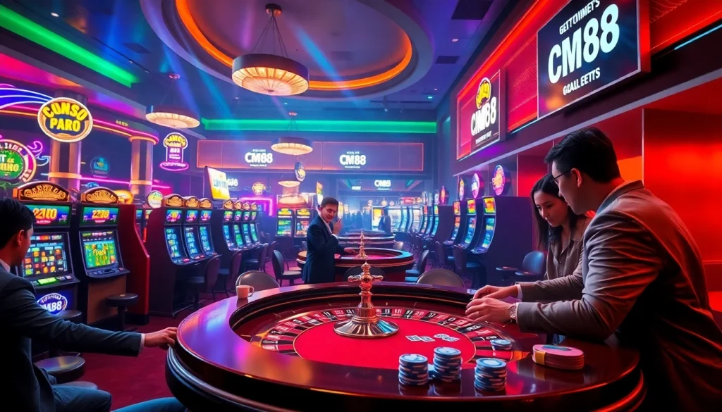 Engaging players at CM88's luxurious casino tables, highlighting vibrant gambling action.