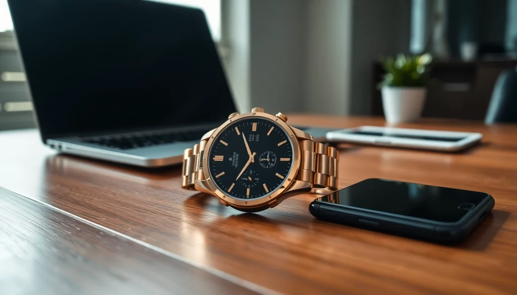 Showcase Finesse Smart Watch on a stylish desk, emphasizing its sleek design and technology.