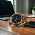 Showcase Finesse Smart Watch on a stylish desk, emphasizing its sleek design and technology.