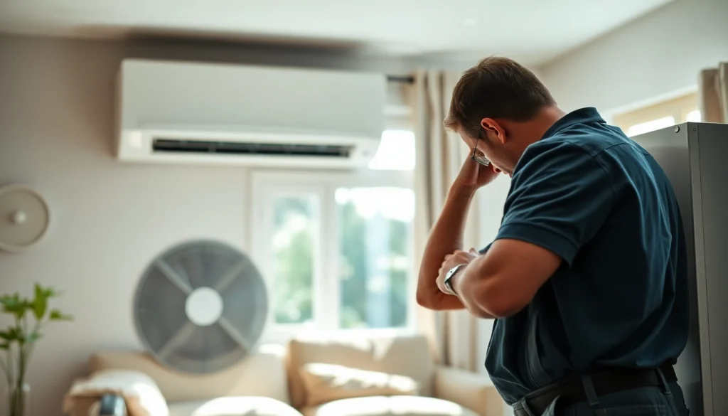 Stillwater AC repair technician inspecting an air conditioning unit in a cozy living room.