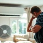 Stillwater AC repair technician inspecting an air conditioning unit in a cozy living room.