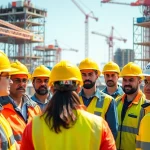Construction safety training session with diverse workers practicing safety protocols.