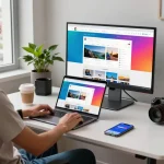 在现代科技工作空间中使用谷歌浏览器的人，显示着生动的网页。