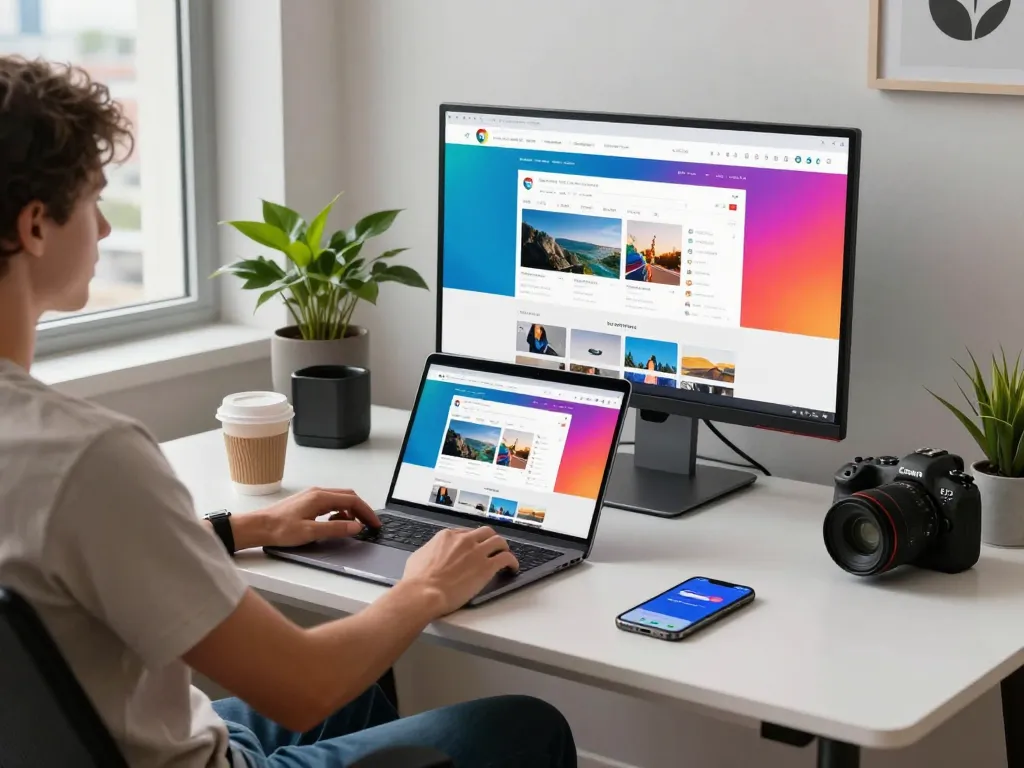 在现代科技工作空间中使用谷歌浏览器的人，显示着生动的网页。