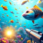 Engaging scene showcasing bắn cá đổi thưởng with vibrant underwater life, fishing action, and treasure rewards.
