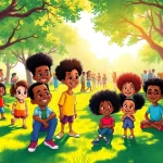 A colorful scene featuring diverse children enjoying African American Cartoons in a vibrant park.