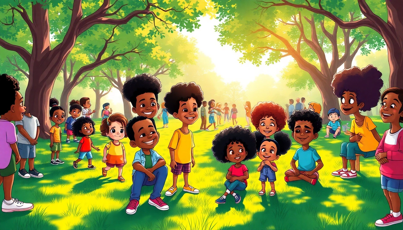 A colorful scene featuring diverse children enjoying African American Cartoons in a vibrant park.