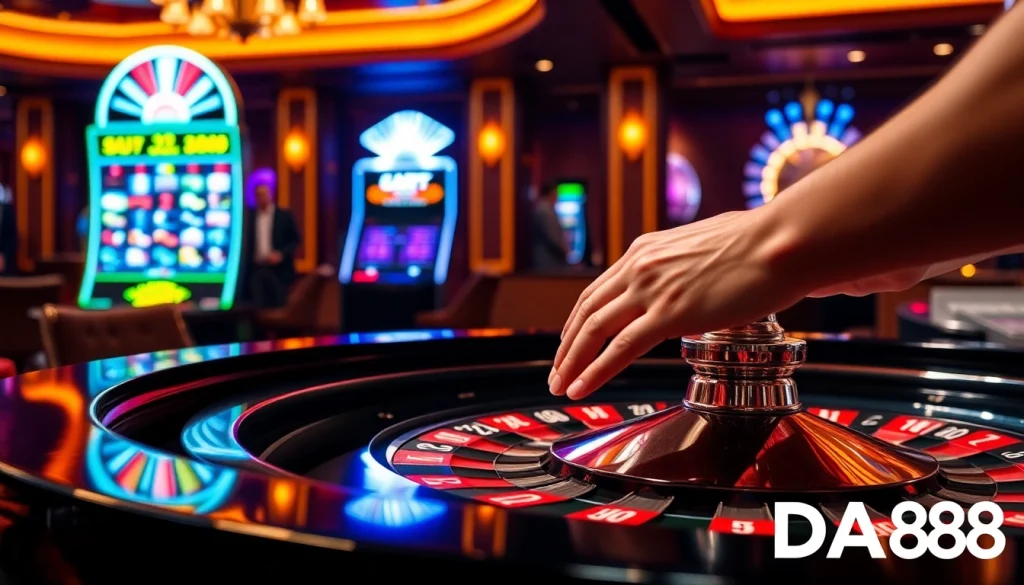 A thrilling casino experience with DA88-themed roulette, chips in action, and slot machines glowing.