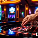 A thrilling casino experience with DA88-themed roulette, chips in action, and slot machines glowing.