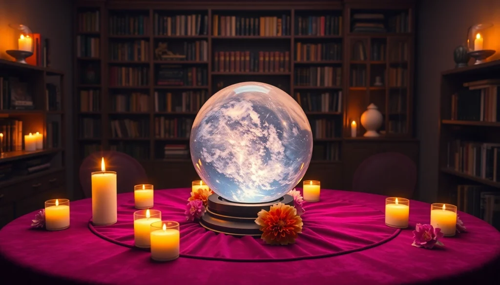 キャンドルと水晶玉が置かれた静かな占い室で電話占い当たるの魔法を体験する。