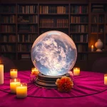 キャンドルと水晶玉が置かれた静かな占い室で電話占い当たるの魔法を体験する。