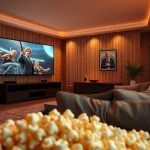 ดูหนังในบรรยากาศดูหนังที่บ้าน มีโซฟาสบายและจอหนังใหญ่