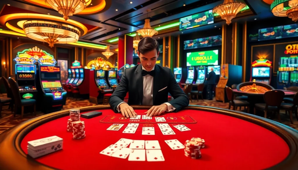 U888 showcases an elegant poker table with high-value chips and playing cards in a vibrant casino scene.