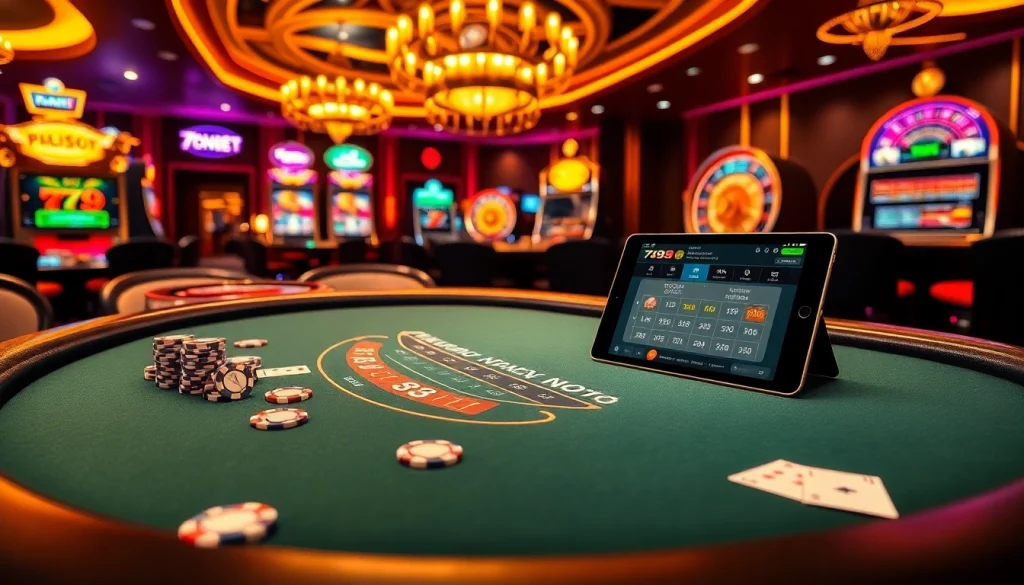Engaging scene of 789 bet casino with vibrant tables, slot machines, and cards.