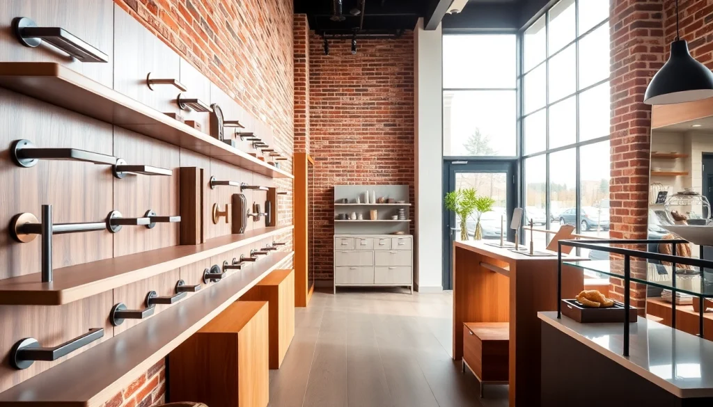 Showcase of elegant door handles at the Door Handle Company in a modern showroom.