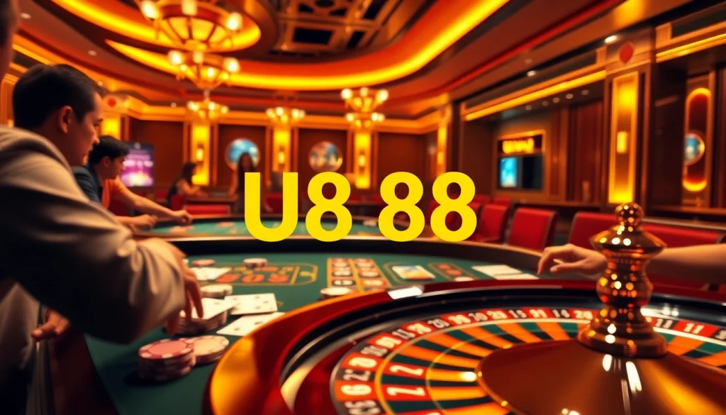 Experience the thrill of U888 online gaming with vibrant casino visuals, tables, and dynamic players.