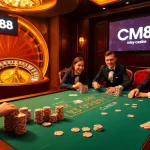 Excited players engage at a CM88 poker table, showcasing a thrilling casino atmosphere.