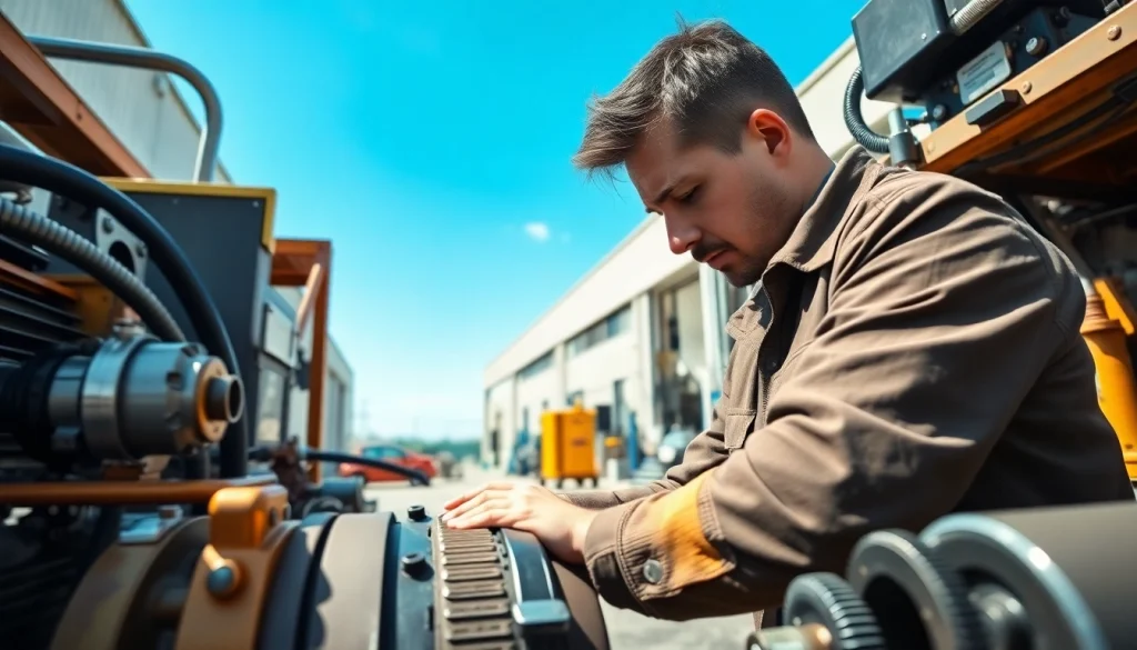 Technician engaged in mobile hydraulic services, showcasing machinery and tools in an industrial setting.