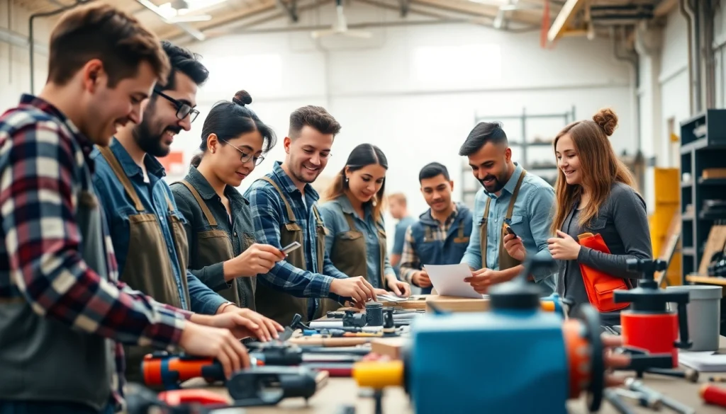 Engaged participants in apprenticeship programs actively collaborating in a vibrant training workshop.