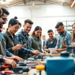 Engaged participants in apprenticeship programs actively collaborating in a vibrant training workshop.