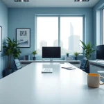 Brightet workspace featuring a sleek desk and natural light, designed for productivity.