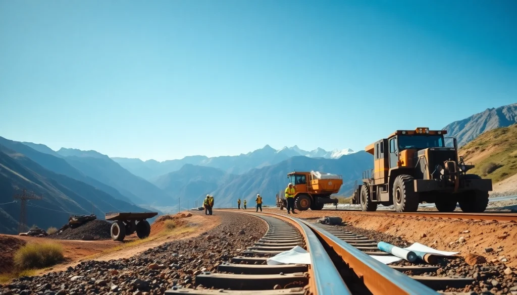 Railroad Contractors collaborating on construction site illuminated by sunlight, emphasizing teamwork and machinery.
