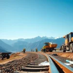 Railroad Contractors collaborating on construction site illuminated by sunlight, emphasizing teamwork and machinery.