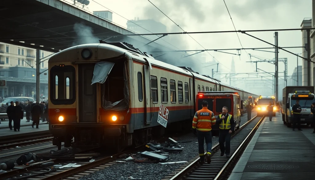 Rescue efforts underway at a spain train crash site showing damaged train and emergency responders.