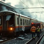 Rescue efforts underway at a spain train crash site showing damaged train and emergency responders.