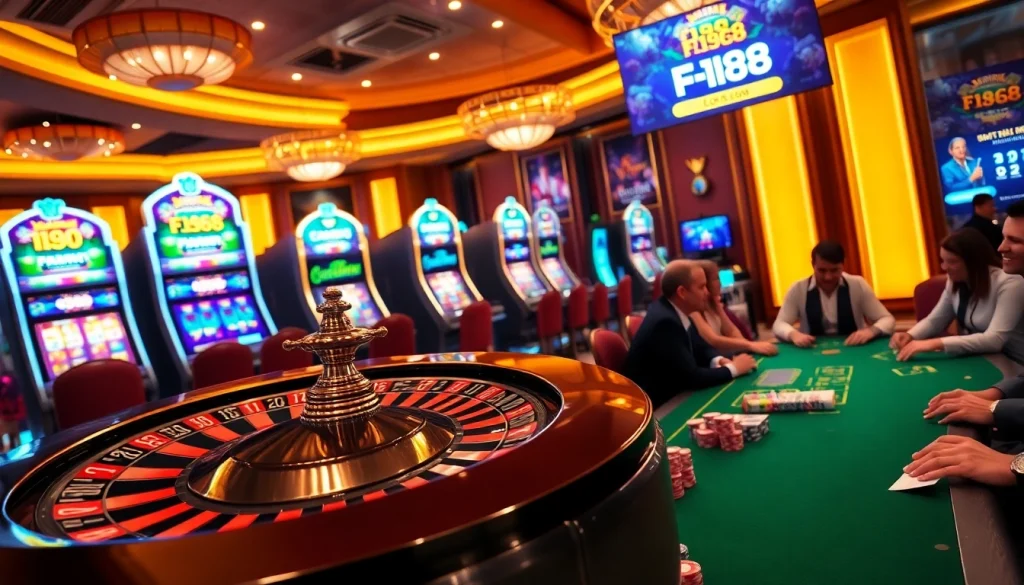 Engaged players enjoying advanced F168 gaming interface during login at a luxurious casino.