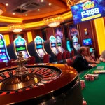 Engaged players enjoying advanced F168 gaming interface during login at a luxurious casino.