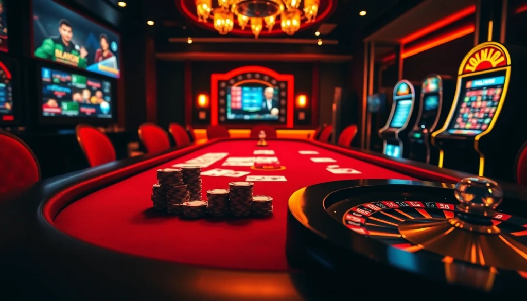 Vivez l'excitation du casino en ligne avec des jetons de poker et des cartes sur une table luxueuse.