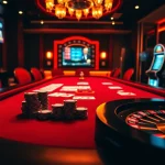 Vivez l'excitation du casino en ligne avec des jetons de poker et des cartes sur une table luxueuse.