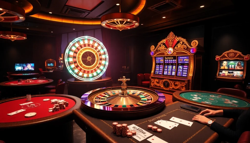 Engage in thrilling gameplay at Sunwin's luxurious casino with poker chips and roulette action.