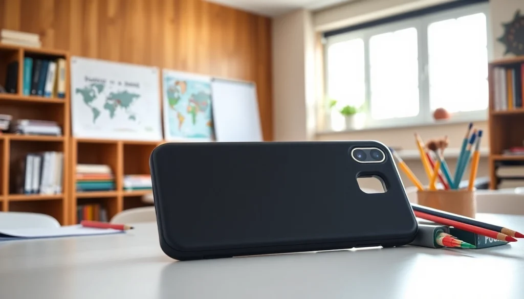 Handytasche Lehrer auf einem Schreibtisch in einem Klassenzimmer, stilvoll und modern.