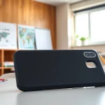 Handytasche Lehrer auf einem Schreibtisch in einem Klassenzimmer, stilvoll und modern.