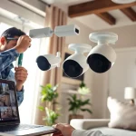 Instalación de cámaras de seguridad de alta calidad en una casa moderna realizada por un técnico cualificado.