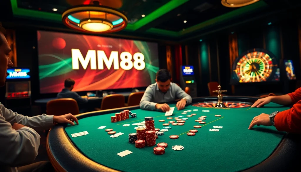 Action-packed scene at MM88 casino with poker players, chips, and roulette wheel.