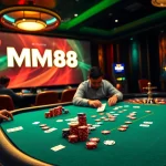 Action-packed scene at MM88 casino with poker players, chips, and roulette wheel.