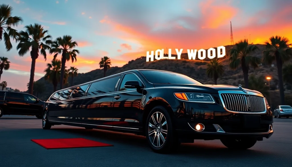 Experience luxury with our LA Limo service parked at Hollywood, showcasing elegance and style.