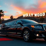 Experience luxury with our LA Limo service parked at Hollywood, showcasing elegance and style.