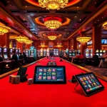 Experience the thrill of winning at https://luckywin.fan/ with an upscale casino scene featuring vibrant gaming tables.