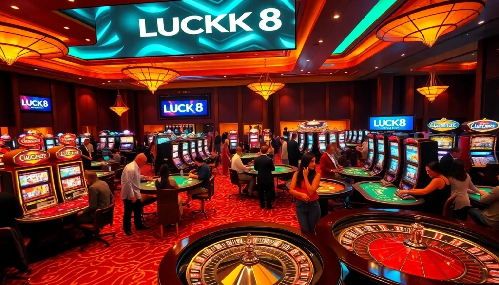 Players enjoying a thrilling casino experience at LUCK8, featuring vibrant tables and slot machines.