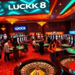 Players enjoying a thrilling casino experience at LUCK8, featuring vibrant tables and slot machines.