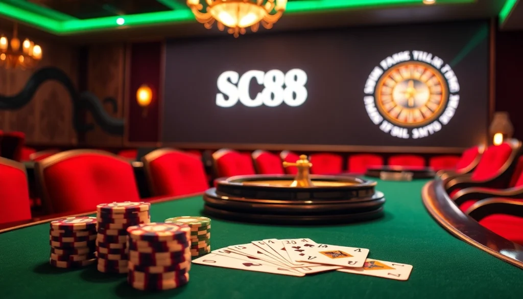 Experience high-stakes poker at SC88 casino, featuring luxurious tables and vibrant atmosphere.