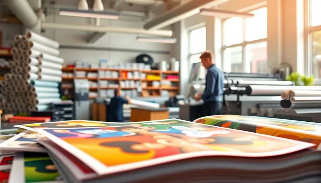 Capture the vibrant workspace of a custom print shop Edmonton showing colorful prints in progress.