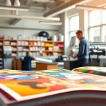 Capture the vibrant workspace of a custom print shop Edmonton showing colorful prints in progress.