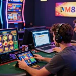 MM88 online gambling scene with diverse players engaged in live sports betting and slot games.