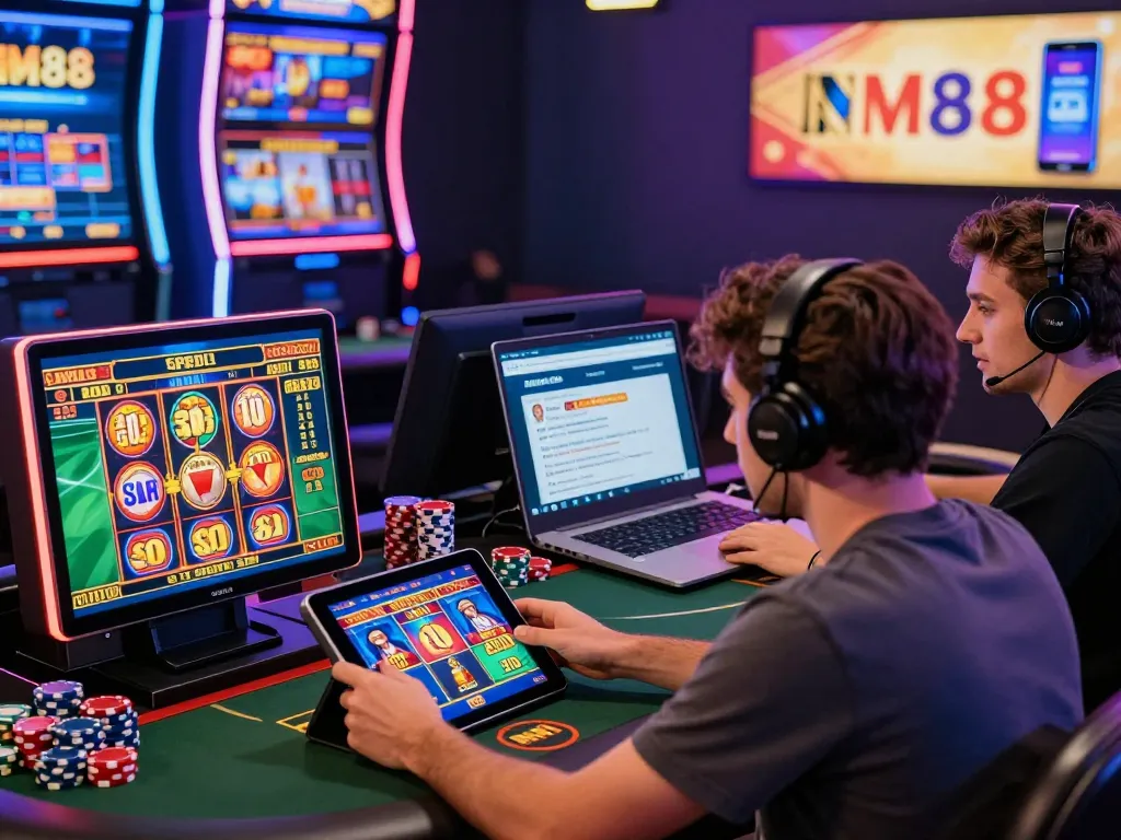 MM88 online gambling scene with diverse players engaged in live sports betting and slot games.
