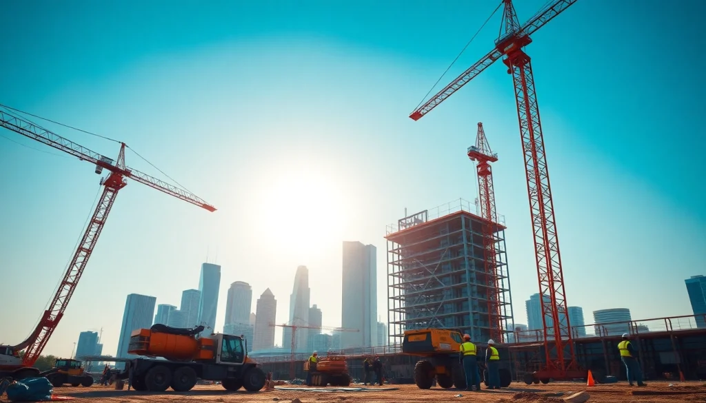 Workers and cranes active on a construction site representing Texas construction news.
